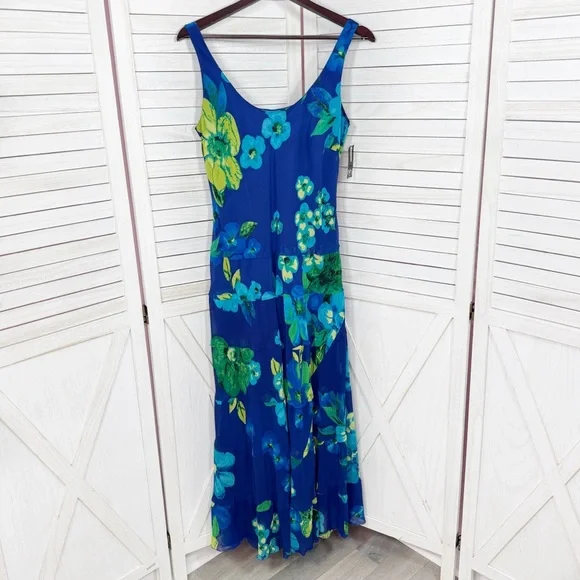 New Directions Tropical Flower Print Tiered Maxi Slip Dress Blue Green 10 - Picture 7 of 11